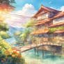 Anime watercolor village wallpaper