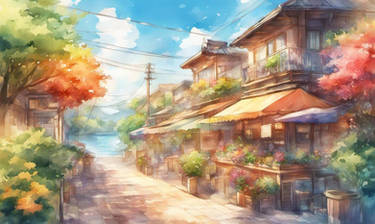 Anime watercolor village wallpaper