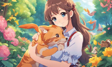 Sweet anime with cat wallpaper