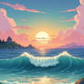 whimsical Studio Ghibli style wave sunset
