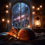 Cat sleeping in front of stars window