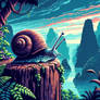 Pixelated 8bit snail in nature digital illustratio