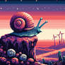 Pixelated 8bit snail in nature digital illustratio