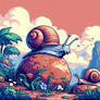 Pixelated 8bit snail in nature digital illustratio