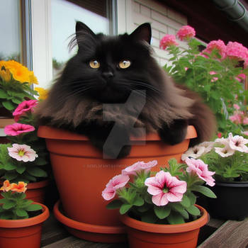 Black cat in flower pot digital illustration