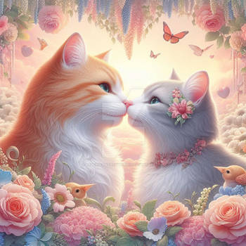 Adorable cats in love valentines digital illustrat
