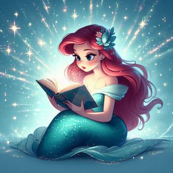 Ariel reading a book with sparkles