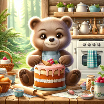 bear bakes a cake digital cartoon