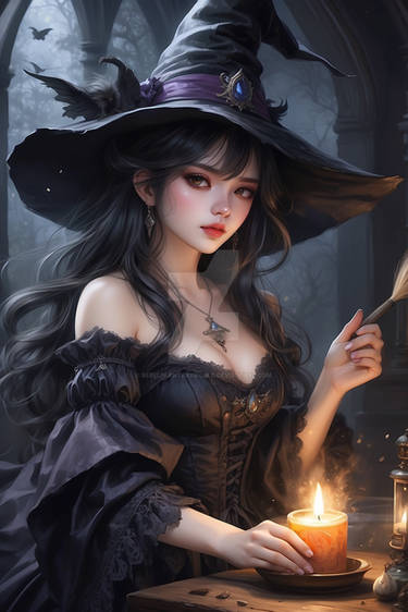 Witch in black digital illustration babe model