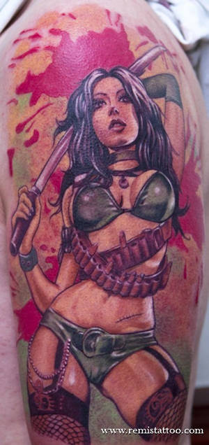 funky tattoo of girl warrior