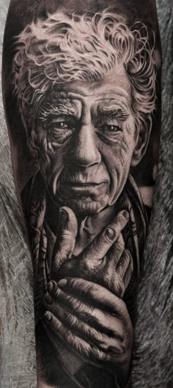 Realistic Black and White Tattoo of Ian McKellen by Remistattoo on