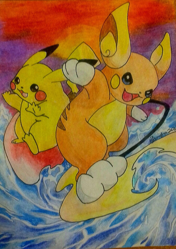 Pikachu and Aloan pancake Raichu surfing