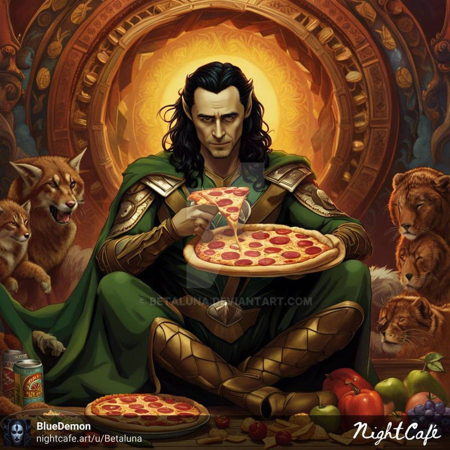 Loki eating a whole pizza