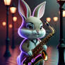 A bunny plays a saxophone on a rainy street corner