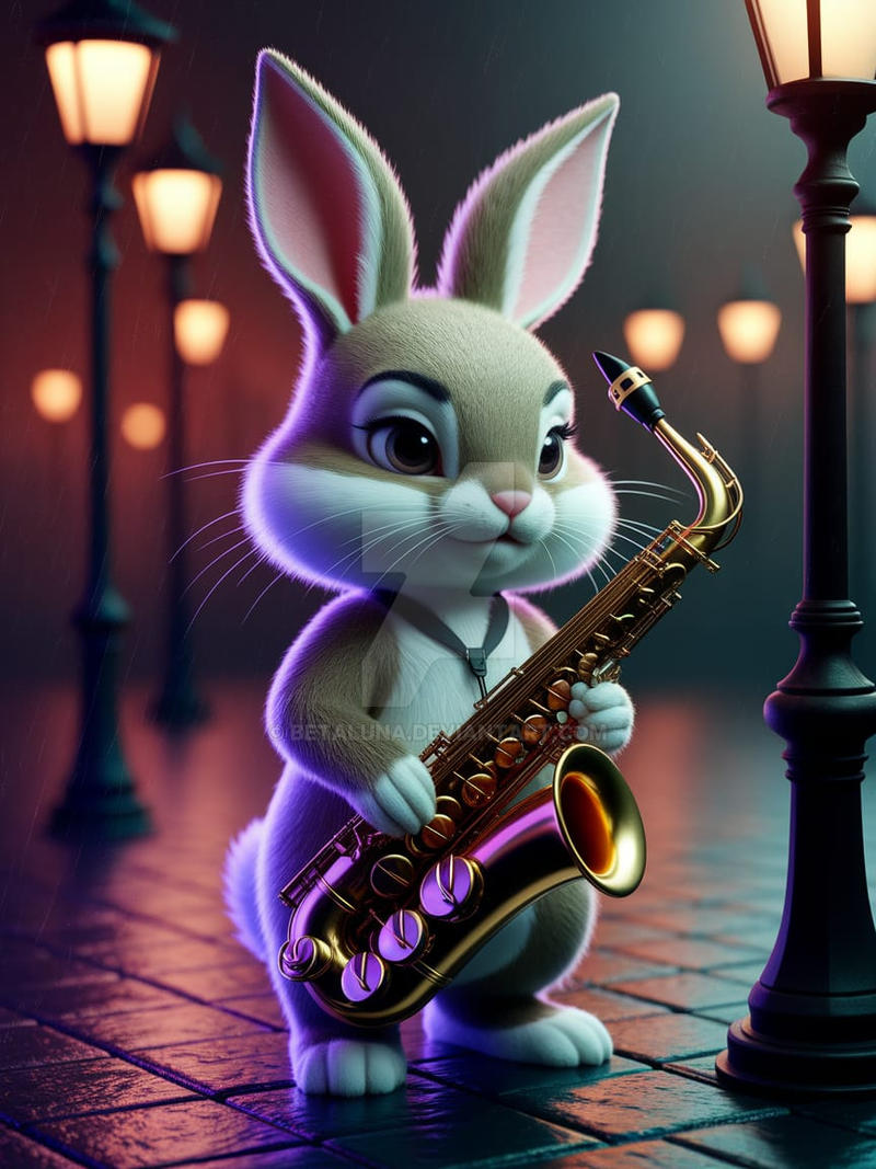 A bunny plays a saxophone on a rainy street corner