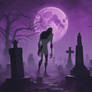 A Spooky moon peers over an eerie graveyard landsc