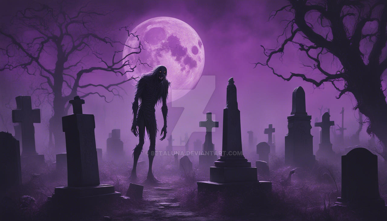 A Spooky moon peers over an eerie graveyard landsc