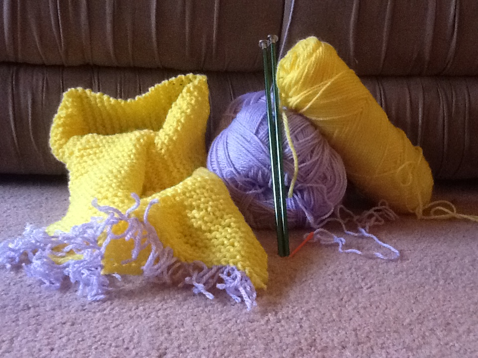 Yellow scarf w/lavender fringe