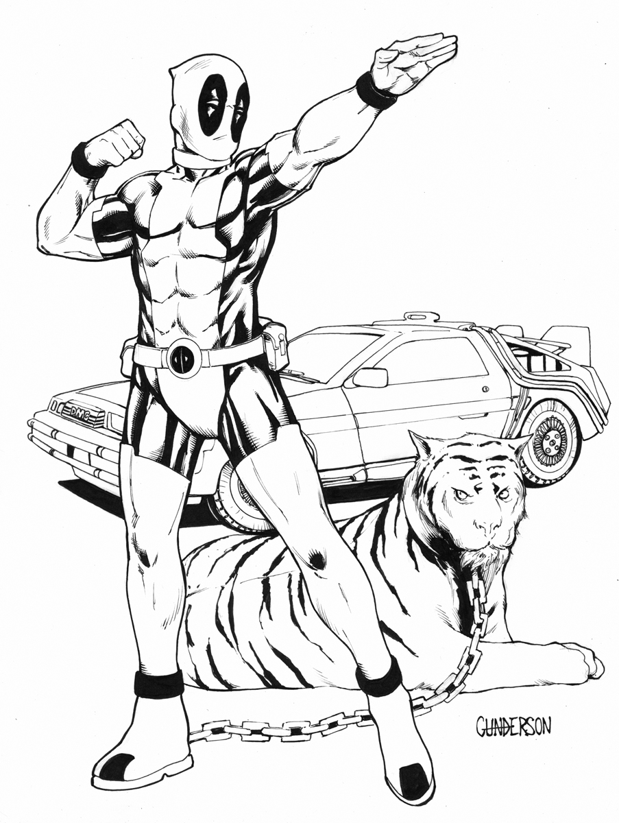 ECCC Deadpool with pet tiger and Delorean