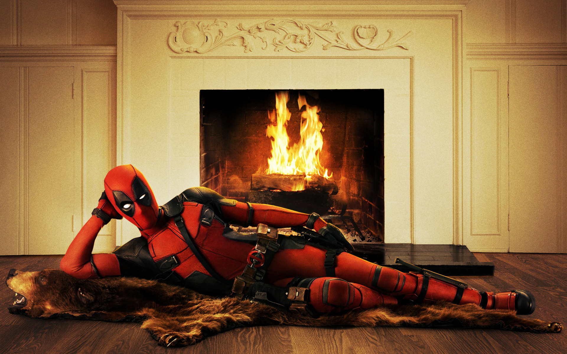 Deadpool at fireplace