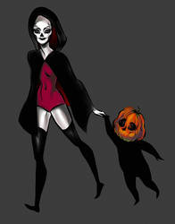 Skeleton-girl and lil Pumpkin guy