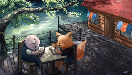 The pig and fox at a hipster cafe