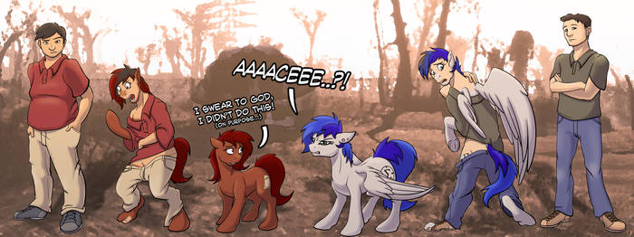 Two guys turn into their Fallout Equestria OCs