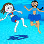 Pomni and Susie swimming in the pool underwater