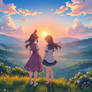 2 Girls Enjoying Morning Sunrise Over Valley 1