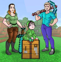 Minecraft Steve and Alex cosplay with baby creeper