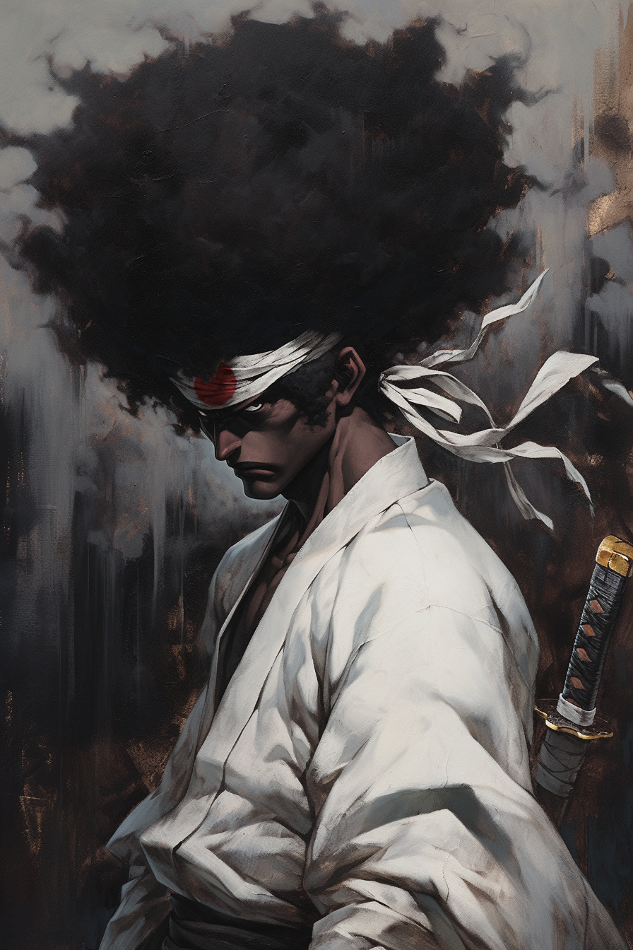 Character illustration of afro samurai and zaraki kenpachi