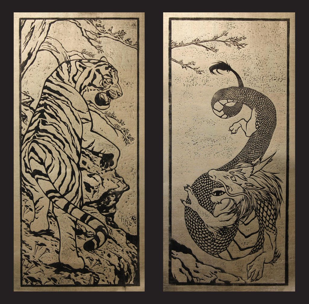 Tiger and Dragon Print-Gold Foil