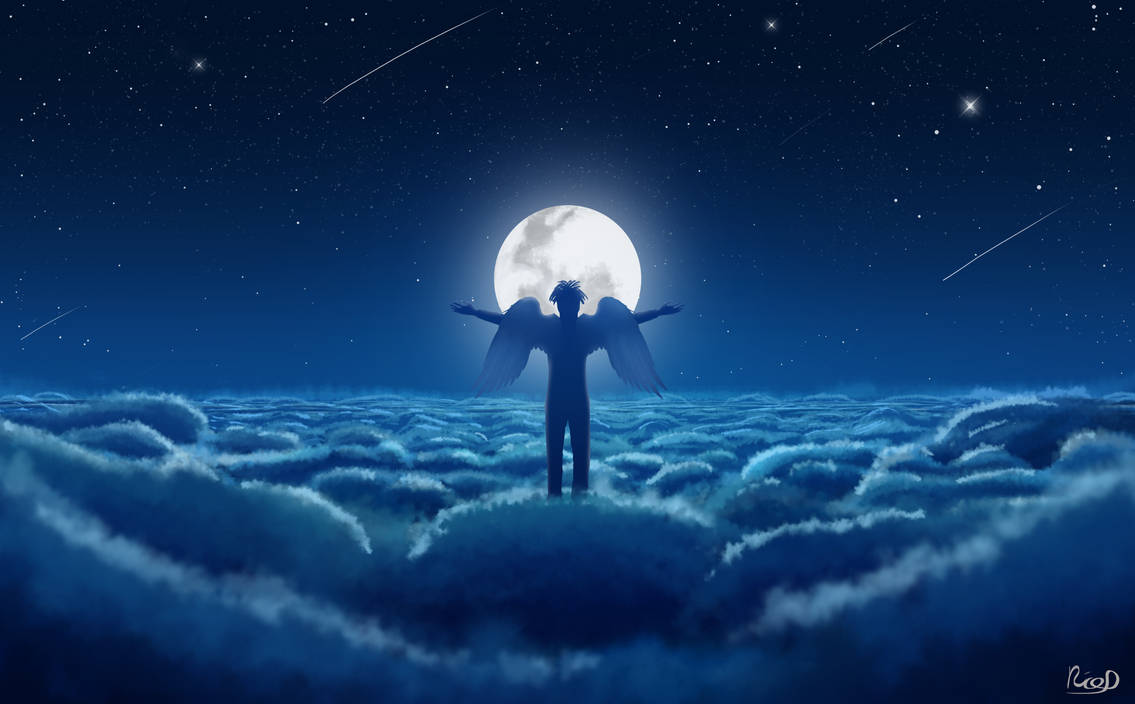 Ночь укрывшая мир. Луна в облаках. Космический ангел. Ангел в небе. Ангел в небе арт.