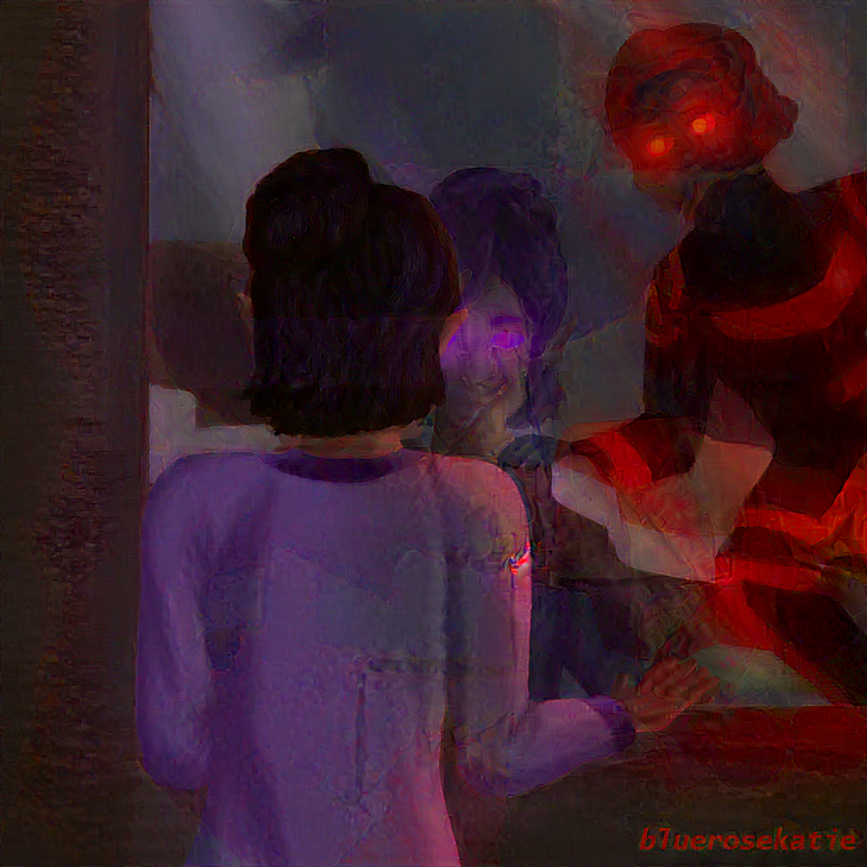 A digital painting of Xara from Minecraft: Story Mode staring at her reflection in a window at night. Purple and red light reflects off her and her surroundings. In the window reflection, she is in her Admin form and Romeo has one hand on her shoulder.