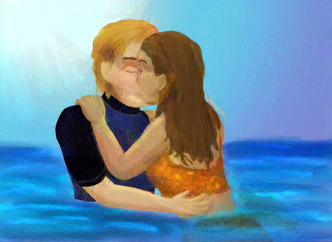 A digital painting of Cleo and Lewis from H2O: Just Add Water. They are partially submerged in the ocean and holding onto one another, Lewis wearing a wetsuit and Cleo in mermaid form, and kissing.