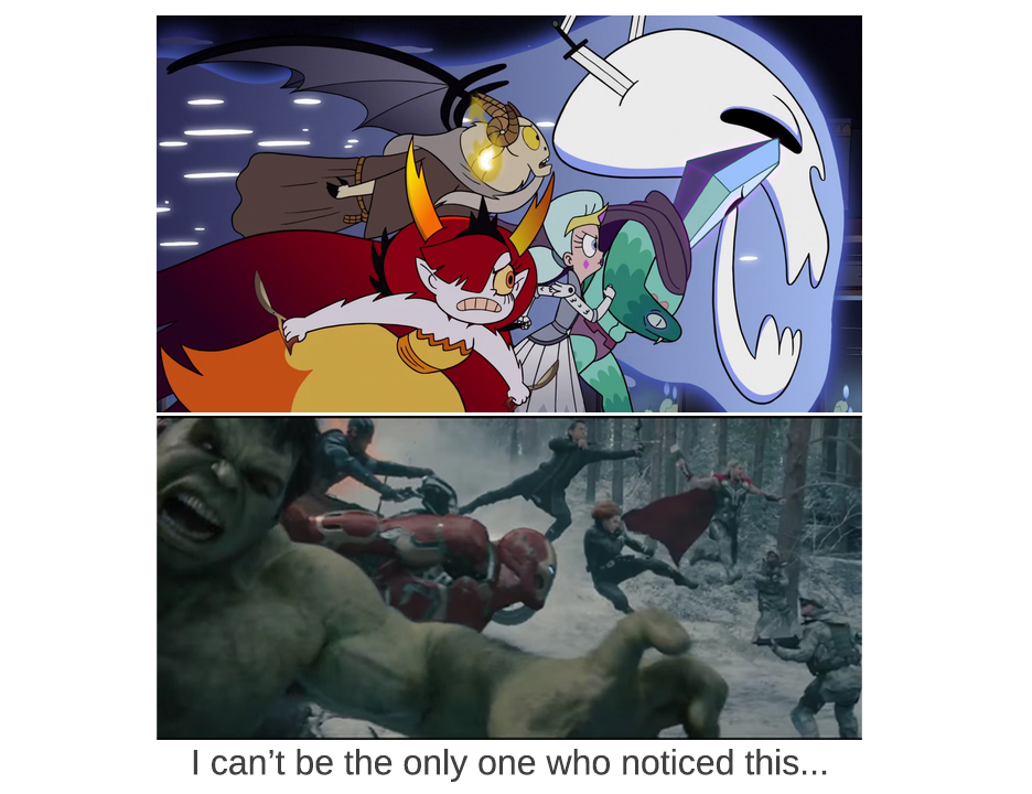 Avengers/SVTFOE Season 2 Finale meme comparison