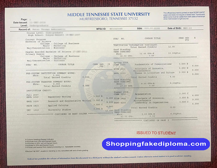 Middle Tennessee State University fake Transcript by ...