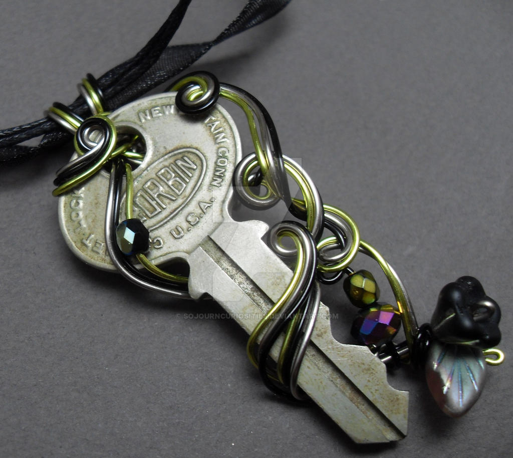 Vintage Key, Black and Green Rose Leaf Necklace