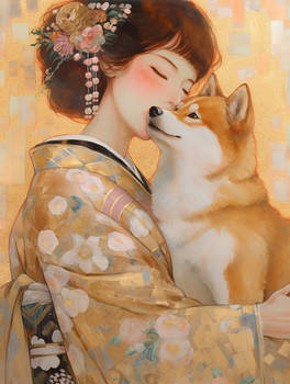 kimono girl kissing on shiba inu