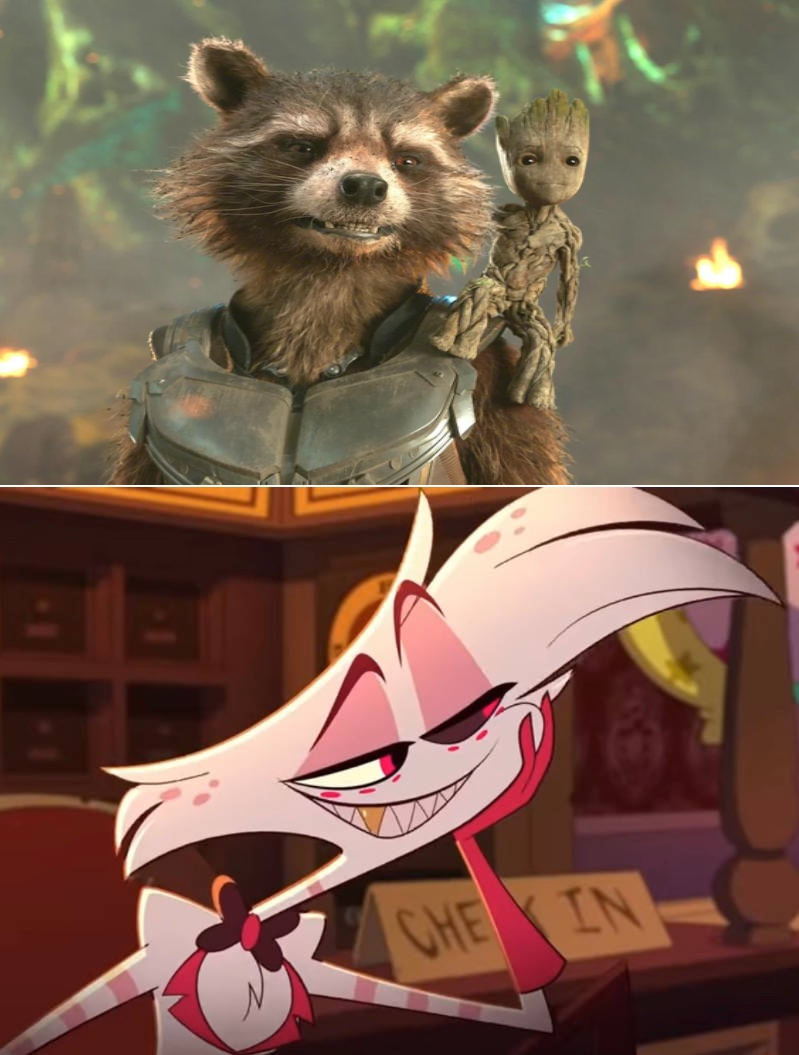 Angel Racoon Angel Dust thinks Rocket Raccoon is cute by warriormoonnight on DeviantArt