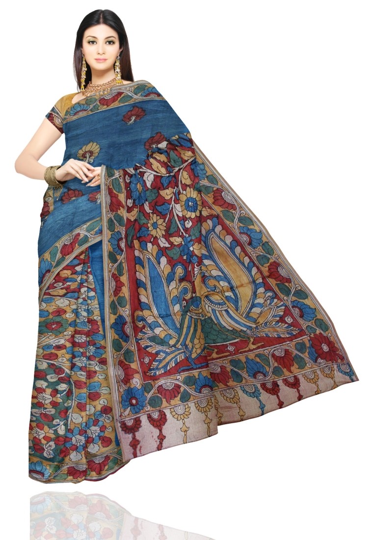 Blue Colored Kalamkari Designer Saree