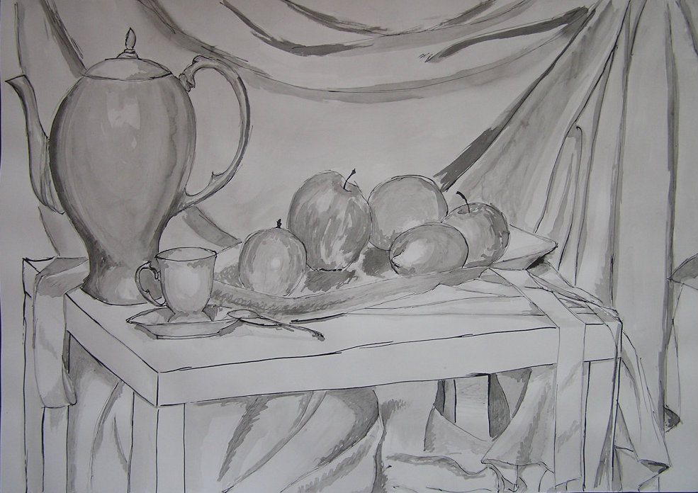 still life with apples and tea set