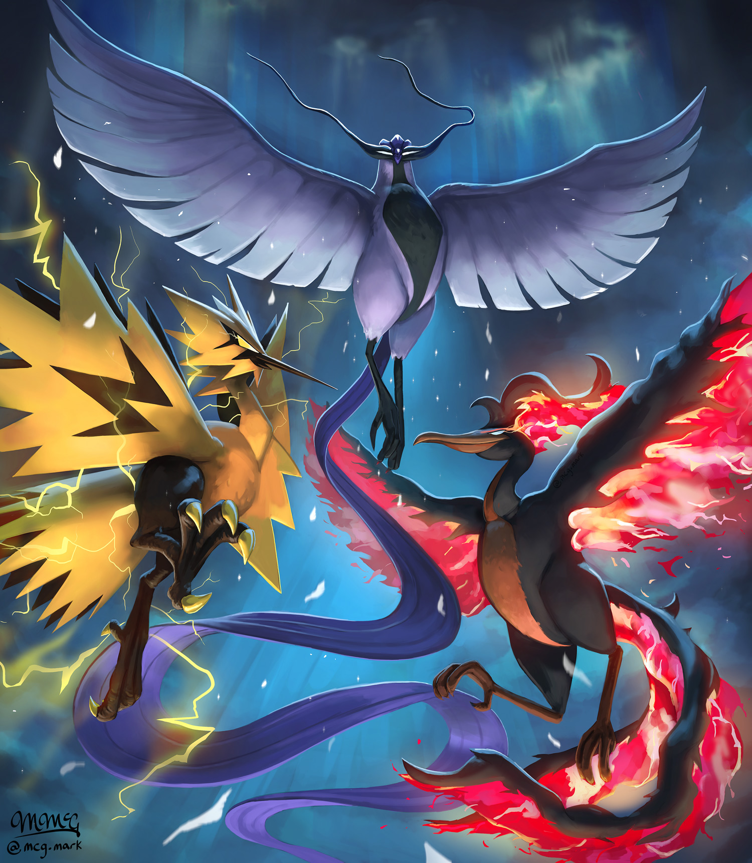 The legendary birds: Articuno, Moltres and Zapdos by LookDem on DeviantArt