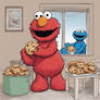 Elmo and Cookie Monster enjoying cookies