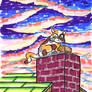 cat on chimney with dramatic sunset sky