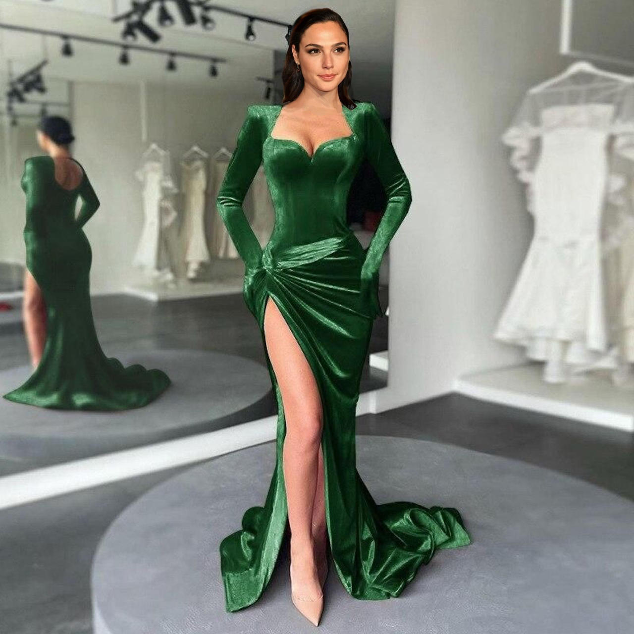 gal gadot green dress Gal Gadot's green and pink pleated silk chiffon dress from Vanity Fair Cocktail Hour, Live!