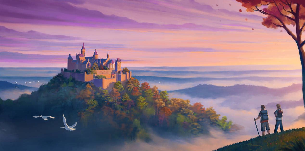 "Hohenzollern Castle" door joeypoolart. Twee kinderen met rugzakken en wandelstok kijken uit over een mistig berglandschap dat paars en goud kleurt onder een lage zon. Op de piek van de dichtsbijzijnde berg zit een groot kasteel in de gothische stijl.