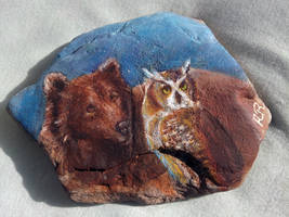 Bear and Owl Stone Painting