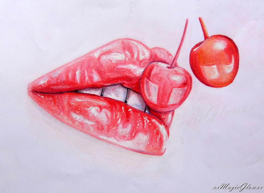 Lips With Fruit Drawing Cherry - Vandik Wallpaper