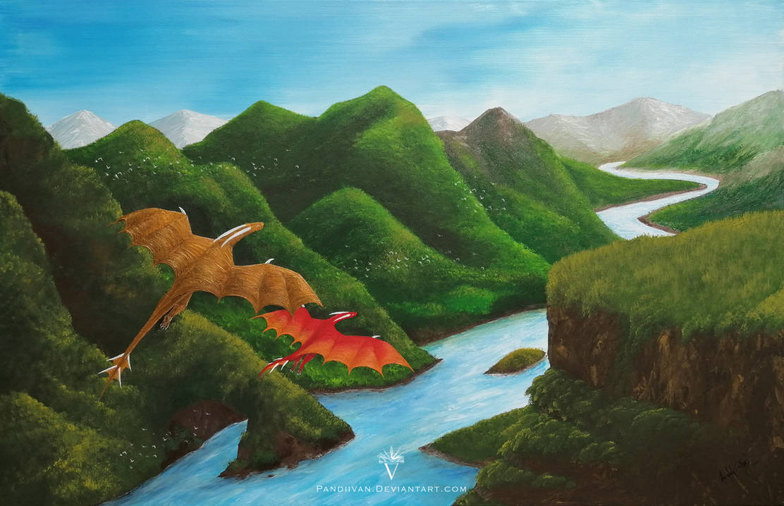 Commission: Flying Dragons Bob Ross Painting Style